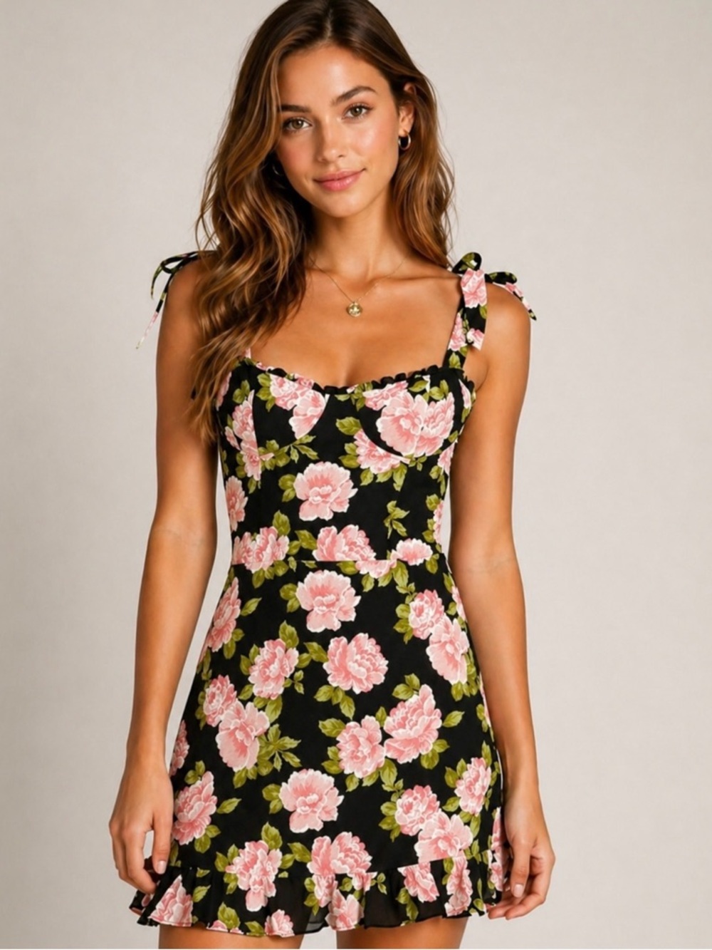 Reformation Black Mini Dress with Pink Floral Print